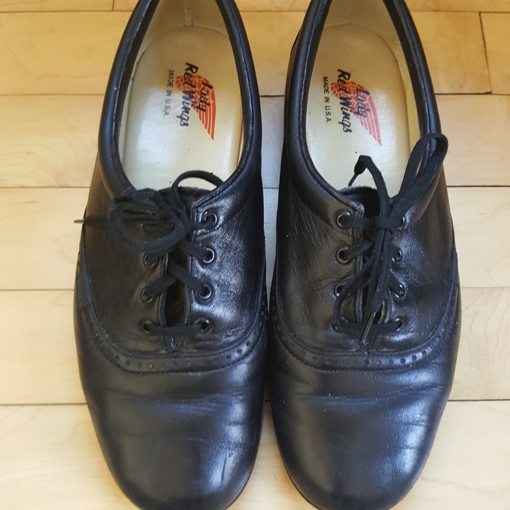 Vintage 1970's 1980's Lady Red Wings Oxford Lace Up Black Leather Shoes